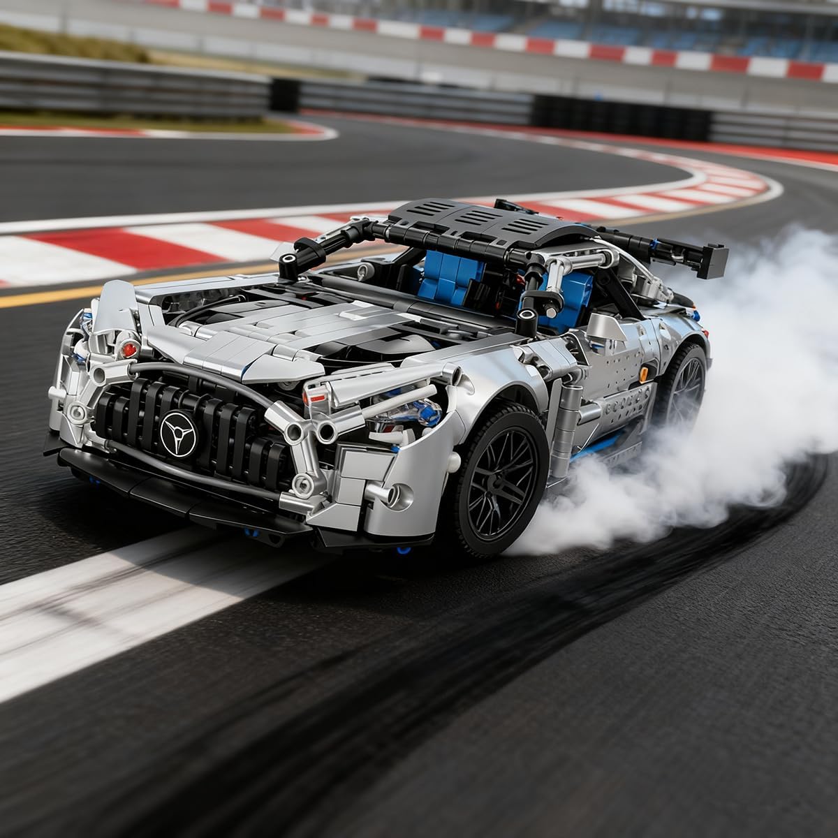 XIU Racing Car Model drifting on a race track, emitting smoke from its tires.