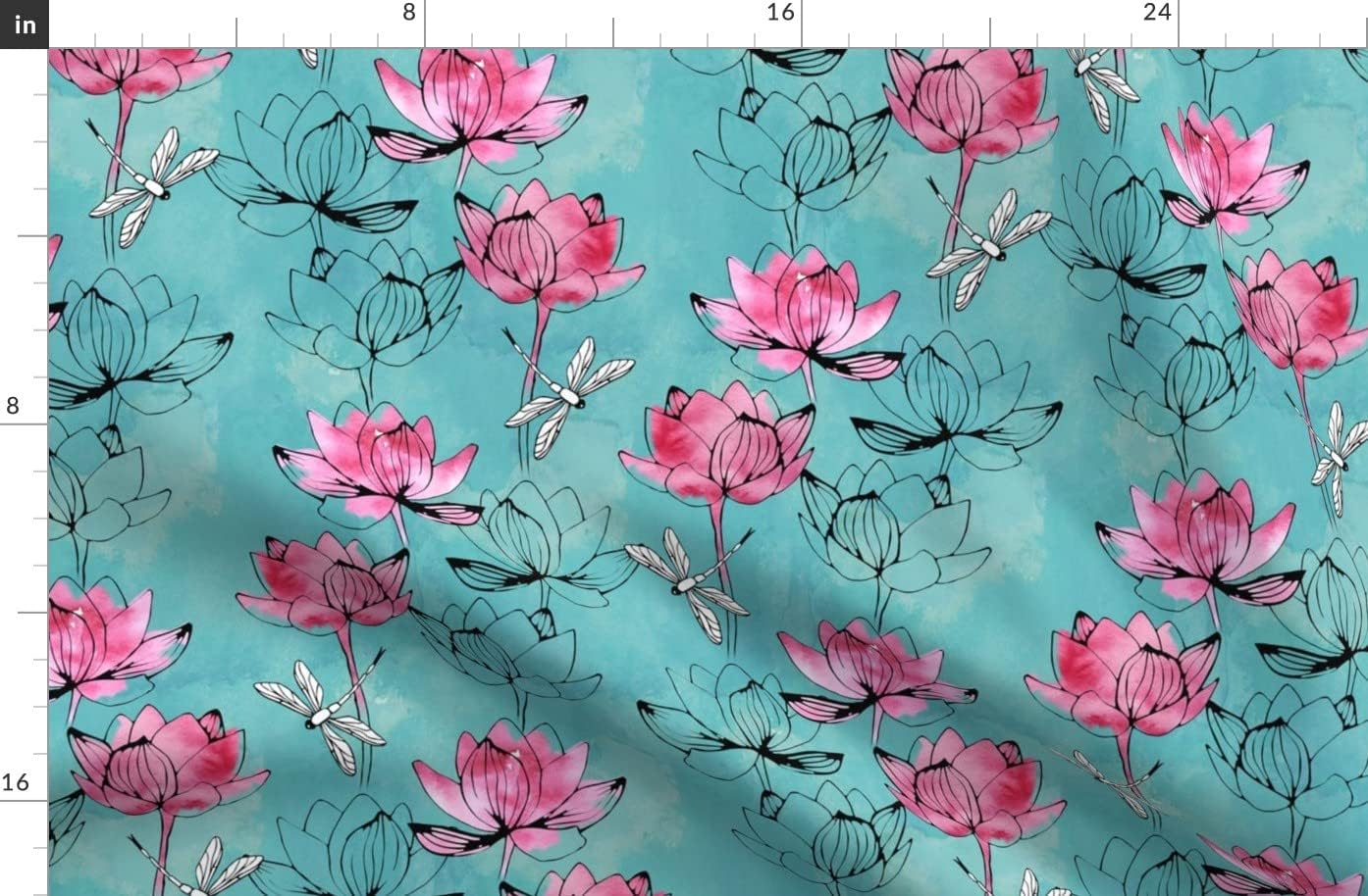 Spoonflower Fabric - Dragonfly Lotus Flower Teal Flowers Nature Insect Floral Turquoise Printed on Organic Cotton Sateen Fabric by The Yard - Sewing Quilting Apparel Home Decor