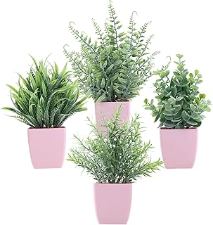 Four Pack Small Fake Plants with Pink Pots