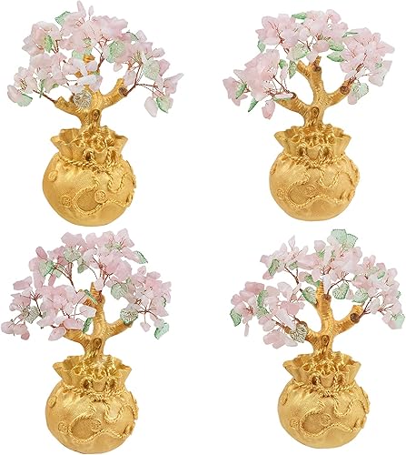 Miniatura 3 de mookaitedecor Árbol de dinero de cristal de cuarzo rosa con base de bolsa de dinero dorada para suerte de riqueza, árbol de Feng Shui, adorno de