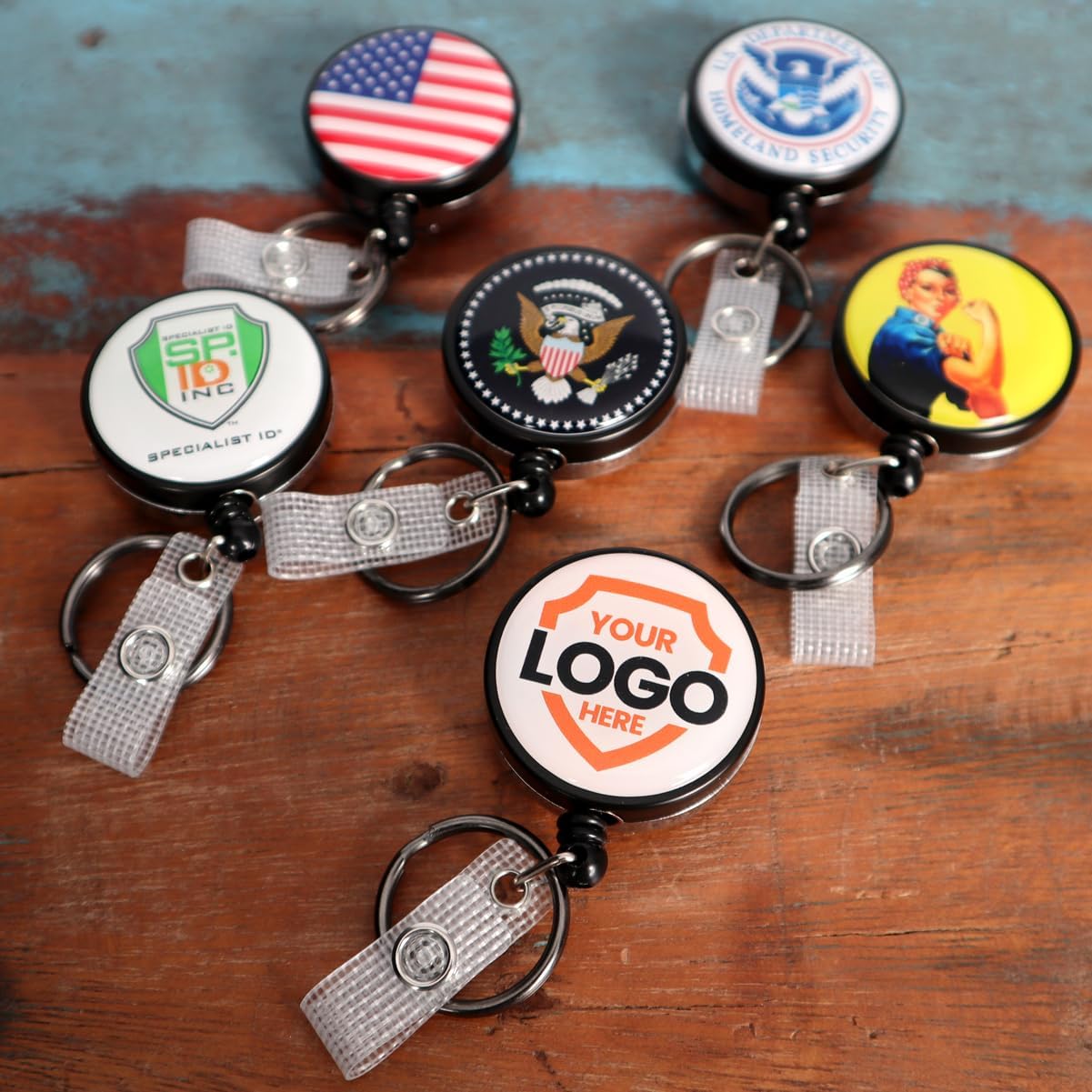 10 Pack - Heavy Duty Custom Badge Reel Keychain Photo or Logo Personalized Retractable Key Chain - Customized Rugged Case Key Ring Reel Badge Holder with Steel Belt Clip by Specialist ID