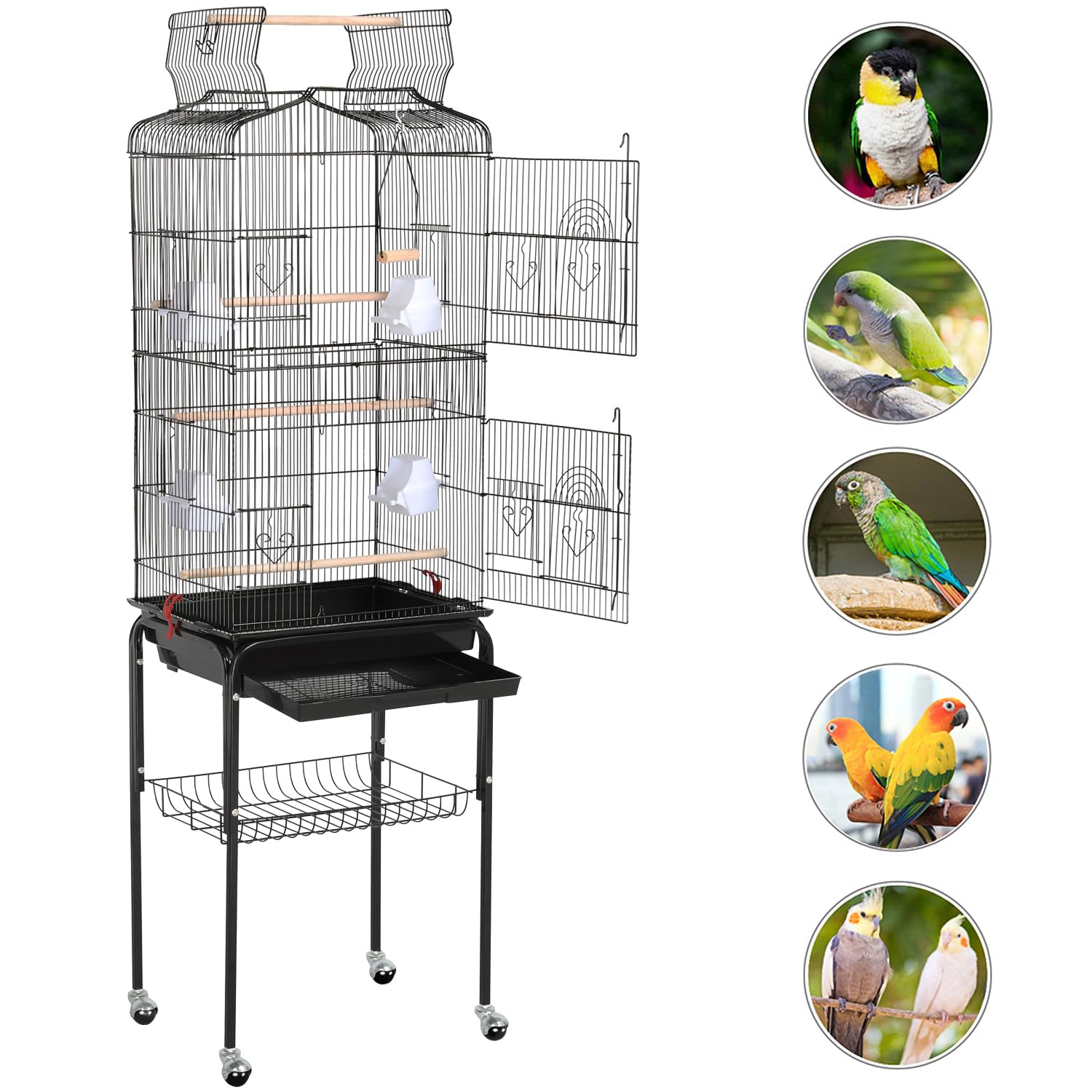 Yaheetech Gabbia Voliera per Uccelli Pappagalli Inseparabili Calopsite Parrochetti in Metallo con Piedistallo Ruote e Tetto Apribile 46 x 35 x 150,5 cm Nera