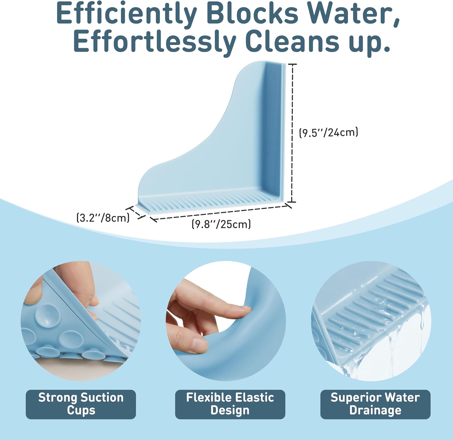 No-Adhesive 2-Pack All-Silicone Shower Splash Guard with Strong Suction Cups, Reusable One-Piece Bath Tub Corner Water Blocker for Secure Seal&Easy Removal，Keep Water in Shower or Bath, Baby Blue image 2
