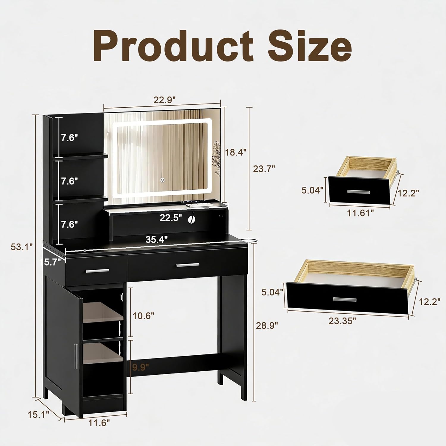 Vanity Desk with LED Mirror and Lights, Makeup Vanity Table with Power Outlet, Drawers, Cabinet, Dressing Table with Open Storage Shelves for Bedroom, Dressing Room, Black