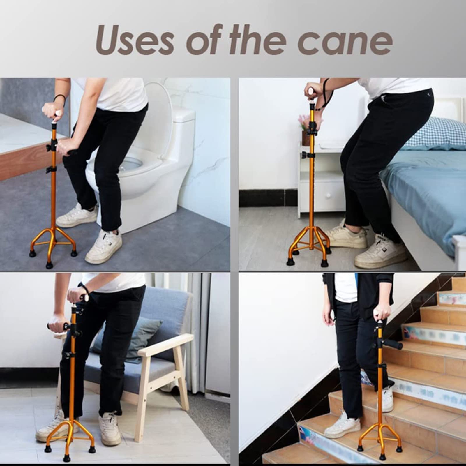 Quad Cane z podwójnym uchwytem, aluminiowa laska do chodzenia z regulacją wysokości, dla osób starszych, zawiera 4 zapasowe podkładki pod stopy