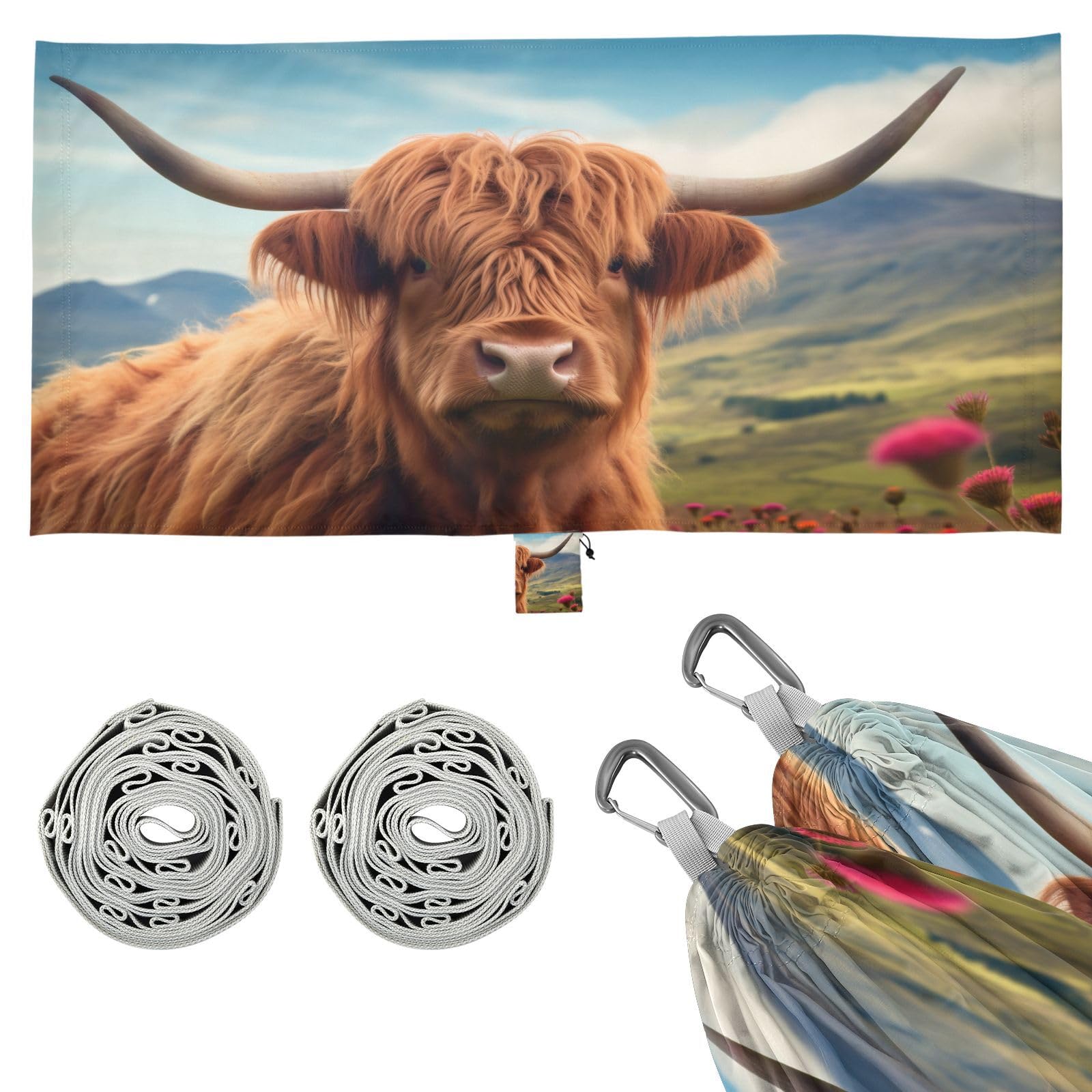 SDMKA Highland Cow Camping Hammock, 330 lbs with 2 Tree Straps, Carry Bag, Single Portable Hammock for Outdoor/Indoor, Hiking, Beach, Backpacking, Travel