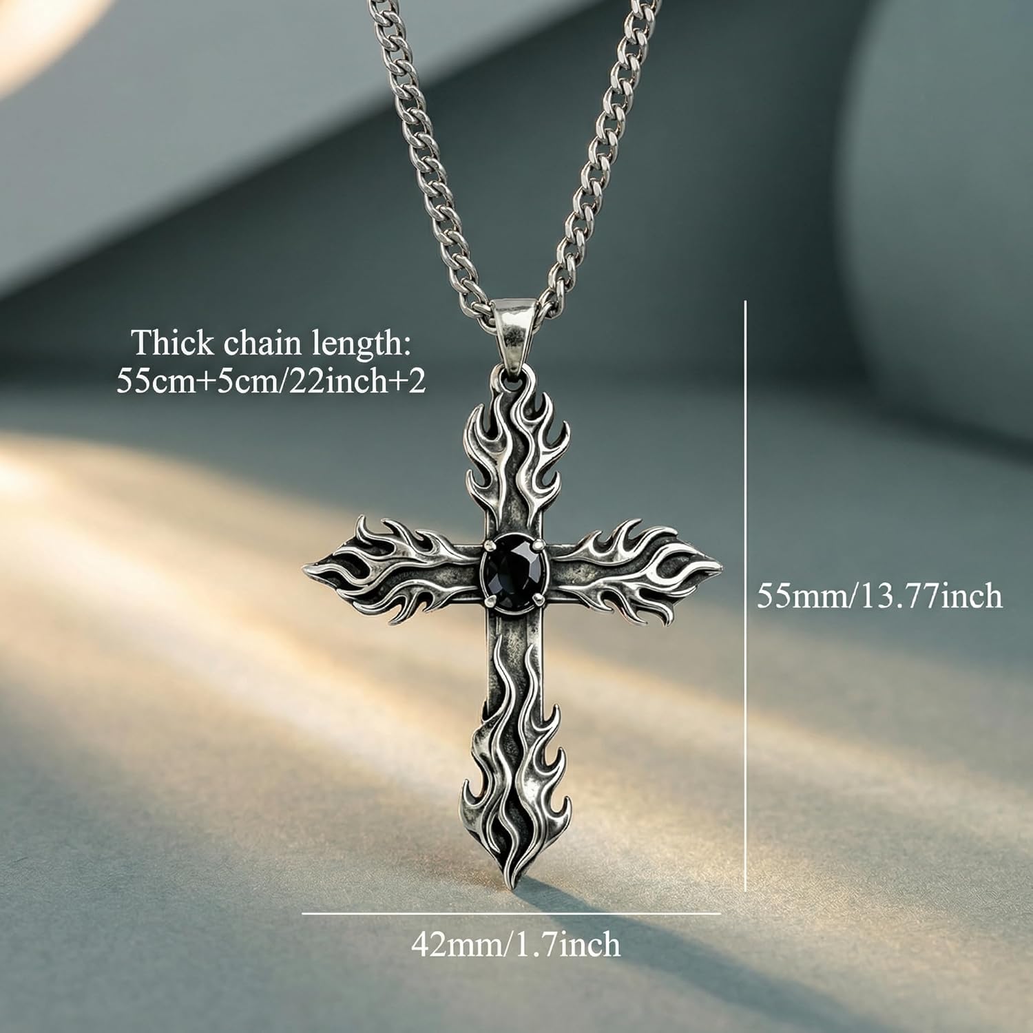 Gothic Cross Necklace, Black Cross Necklace with Glass Stone for Men, Gothic Punk Cross Pendant Necklace for Men - Image 5