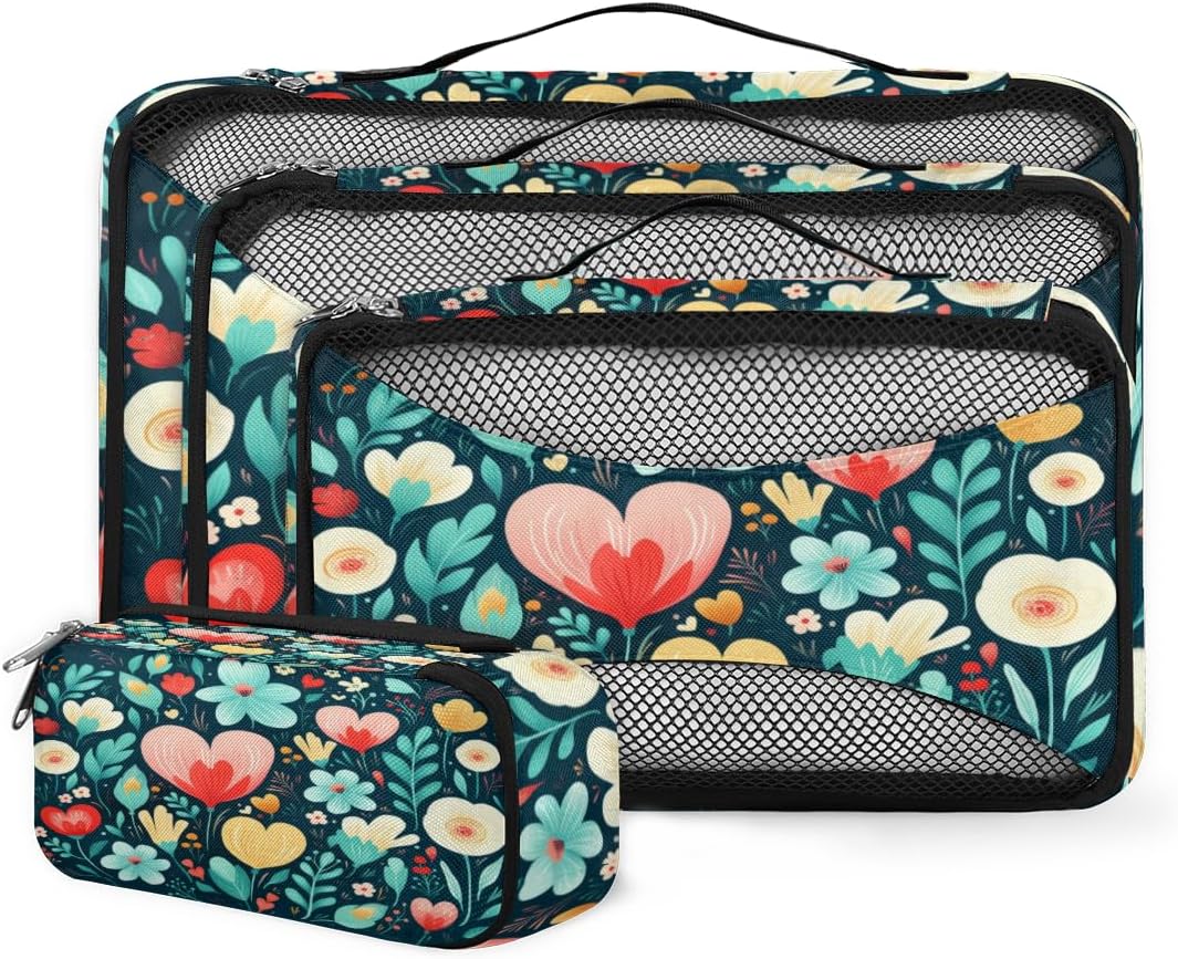 4 Set Packing Cubes for Suitcases, Travel Essentials for Carry on Luggage, Colorful Flowers Suitcase Organizers for Clothes Shoes Toiletries Travel Accessories in 4 Sizes - Watercolor Flowers