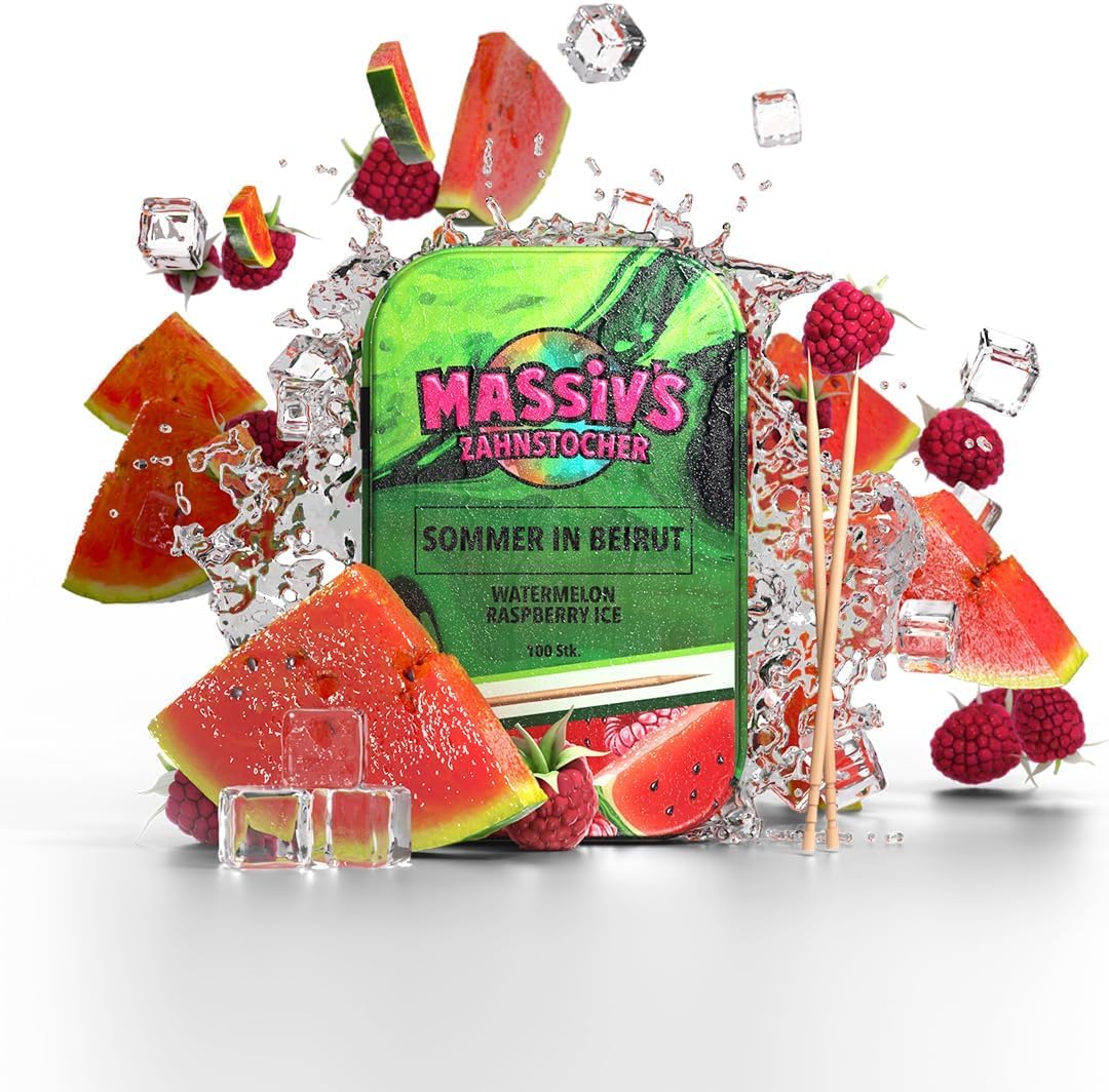 Massiv's Zahnstocher - Zahnstocher mit Geschmack – SOMMER IN BEIRUT Watermelon Raspberry Ice – 100 aromatisierte Zahnstocher – frischer Atem – stylische Metalldose – vegan, zuckerfrei