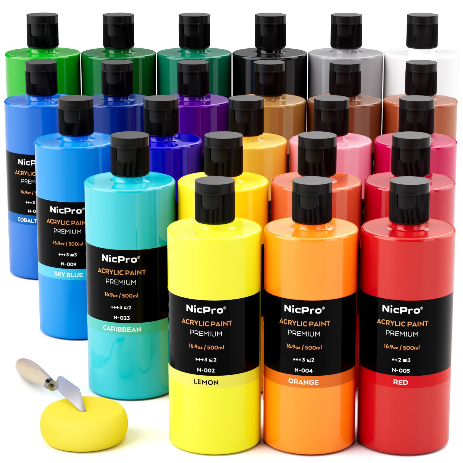 Nicpro 24 Colors Large Bulk Acrylic Paint Set (16.9 oz/500 ml), Rich Pigments Non Toxic, Bulk Painting Supplies for Artist Beginners on Canvas, Wood, Rock, Glass, Ceramic, Crafts with Color Wheel