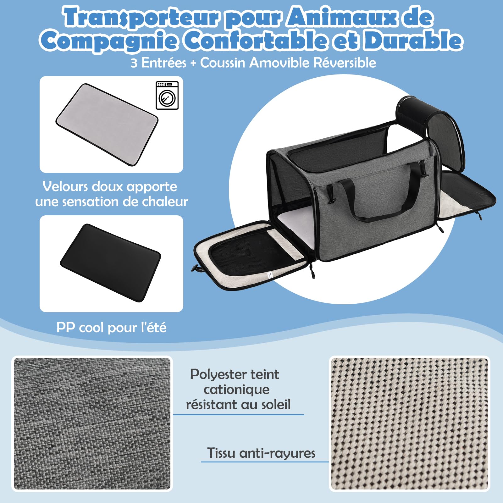 COSTWAY Sac à Dos avec Roues pour Chat Chien, Sac de Transport à roulettes pour Animaux de Compagnie, Caisse de Voyage Pliable avec Coussins et Poignée Télescopique, Charge 100KG, Gris