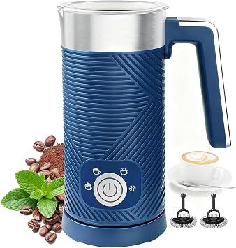 Electric Milk Frother and Steamer, 4-in-1 Milk Steamer with Wood Elements Design, Automatic Hot & Cold Foam Maker for Latte, Cappuccinos, Macchiato, Milk Warmer blue
