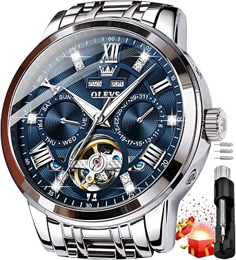 OLEVS Gold Luxury Diamond Dress Automatic Mechanical Skeleton Tourbillon Stainless Steel Watch for Men, 6701 Blue, Luxury Dress Watch
