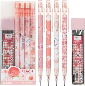 Molain 4 Pcs Mechanical Pencil Set, Peach Mechanical Pencils with Tubes | 0.5 mm Pencil Refills, for Writing Drawing Sketching
