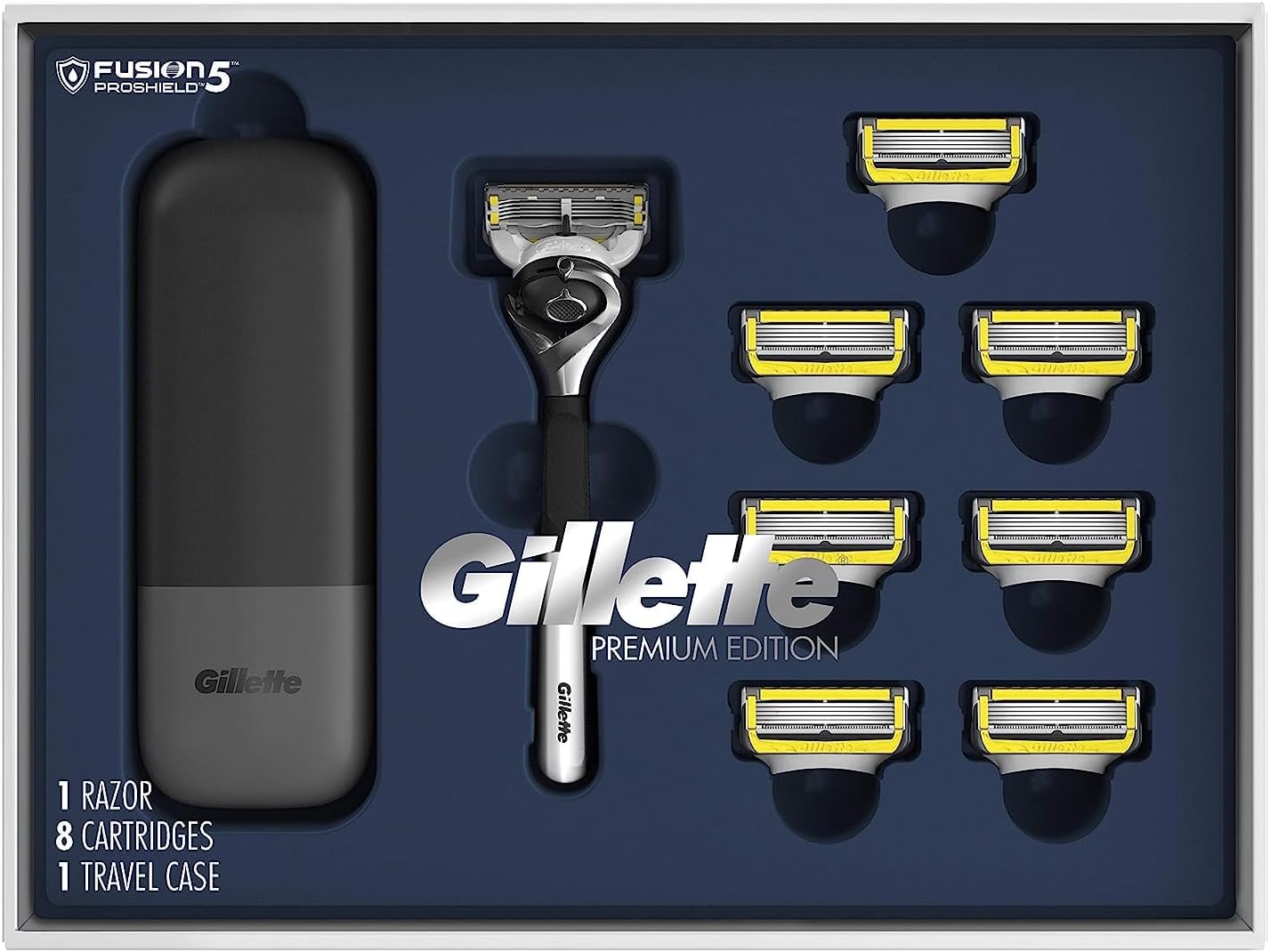 Gillette ProGlide Shield Premium Edition Razors for Men, 1 Gillette Razor, 8 ProShield Razor Blade Refills, 1 Travel Case