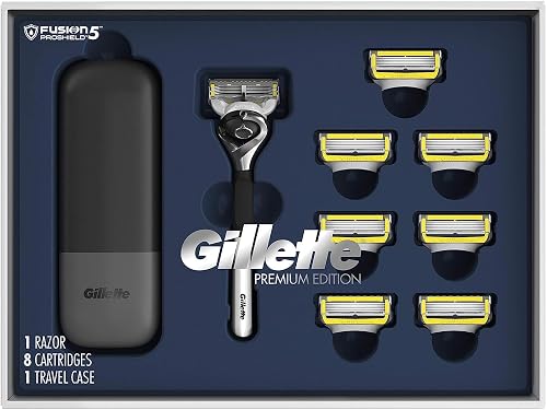 Gillette ProGlide Shield Premium Edition Razors for Men, 1 Gillette Razor, 8 ProShield Razor Blade Refills, 1 Travel Case