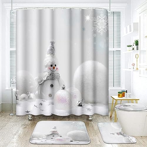 Britimes Juego de 4 cortinas de ducha con 12 ganchos, copos de nieve blancos navideños con alfombras antideslizantes, cubierta de tapa de inodoro y