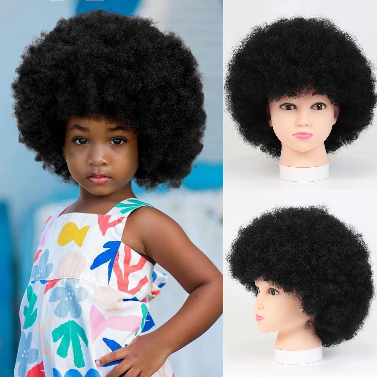 MKJVEN Small Afro Wigs for Kids 4-10,Adjustable Afro Kinky Wig 115Gram,Glueless Wear Natural Black Synthetic Disco Wigs for Daily And Cosplay(Small,1B)