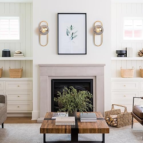 Miniatura 6 de Juego de 2 apliques de pared dorados con pantalla de vidrio transparente para decoración de pared, juego de 2 lámparas de pared para sala de estar,