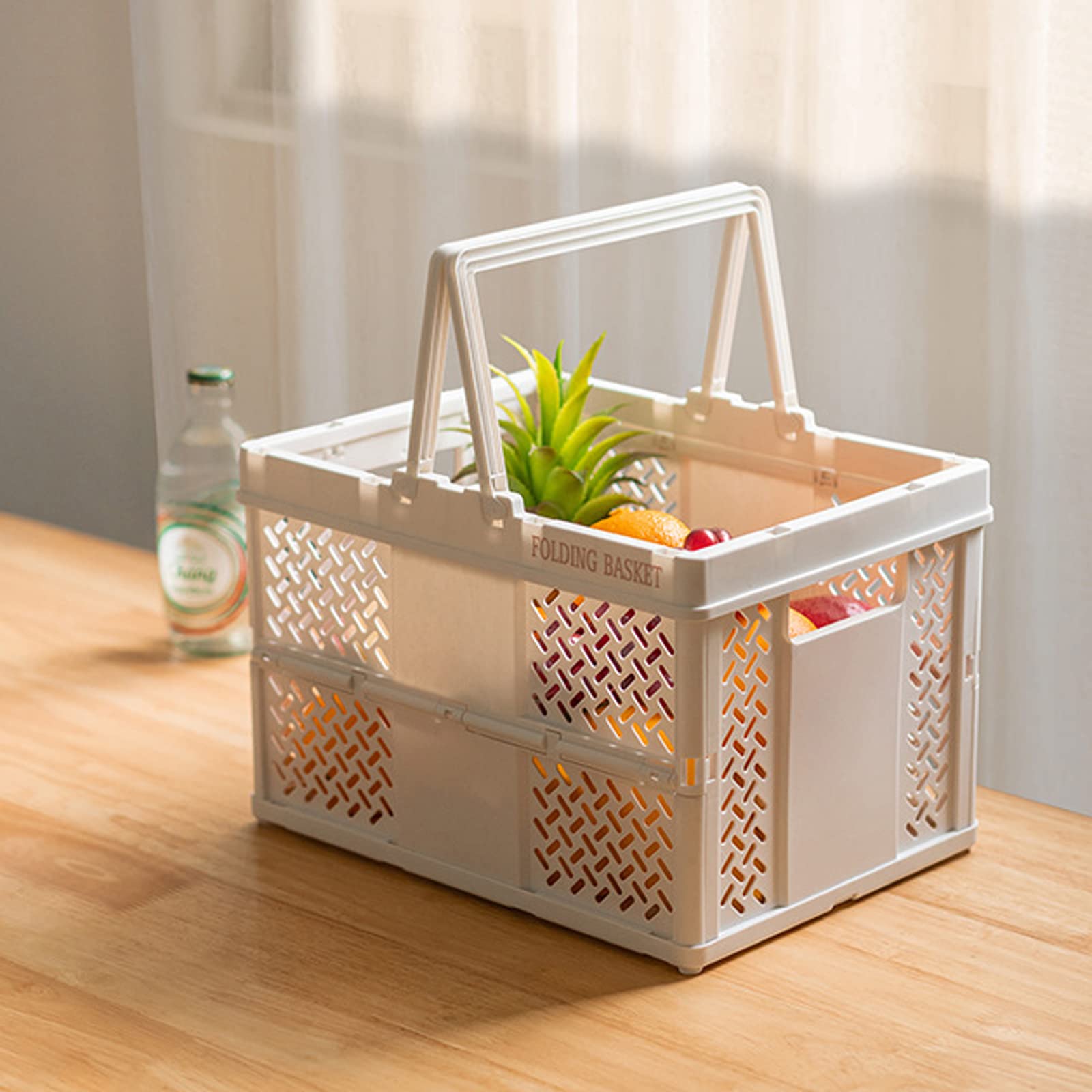 Spesh 2 cassette pieghevoli per bambini, 31 x 22 cm, mini cestini per la spesa pieghevoli con manici, piccole casse in plastica per picnic, shopping, campeggio (beige + rosa chiaro)