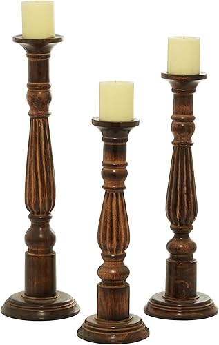 Deco 79 Juego de 3 portavelas decorativo de madera de mango, juego de 3 portavelas de 24 pulgadas, 21 pulgadas, 18 pulgadas de alto, marrón