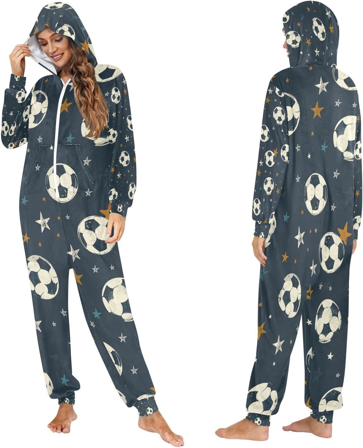 White Soccer Football Star Unisex Adult Onesie Pajamas Comfy One Piece Costume Jumpsuits Novelty Sleepwear Homewear for Men Women