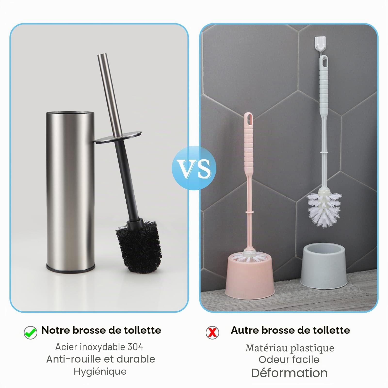 BGL 304 Brosse à WC en Acier Inoxydable Seau Long Brosse à WC Ronde sur Pied avec Support pour la décoration de la Salle de Bain Nickel Brossé