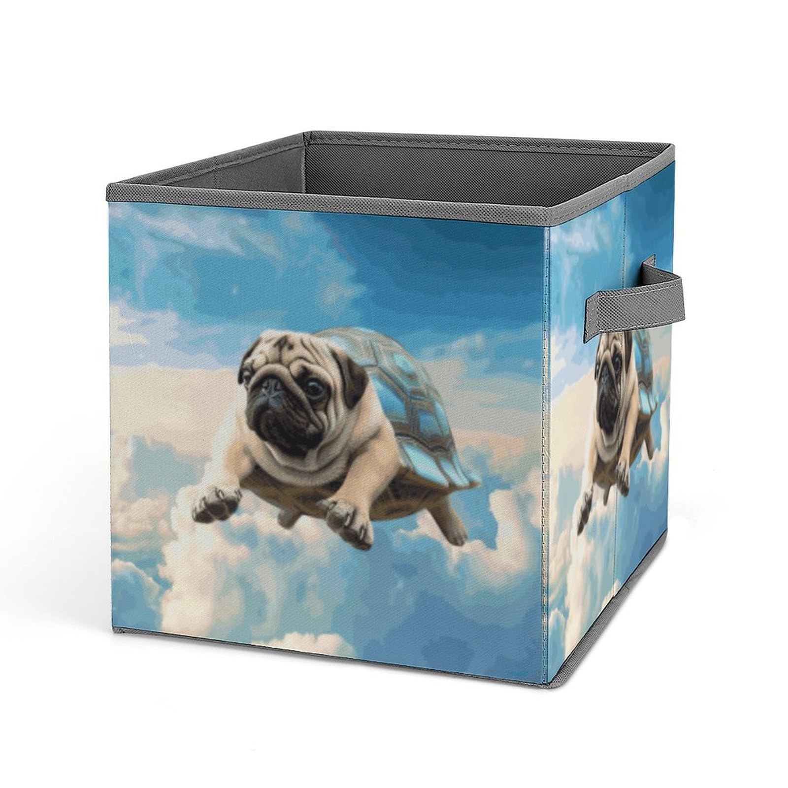 JTREHY Funny Turtle Pug Dog in The Sky Storage Bins Sturdy Large Capacity Folding Sorting Boxes Convenient Stable Storage Box Collapsible Fabric Storages Cubes Organizer with Handles