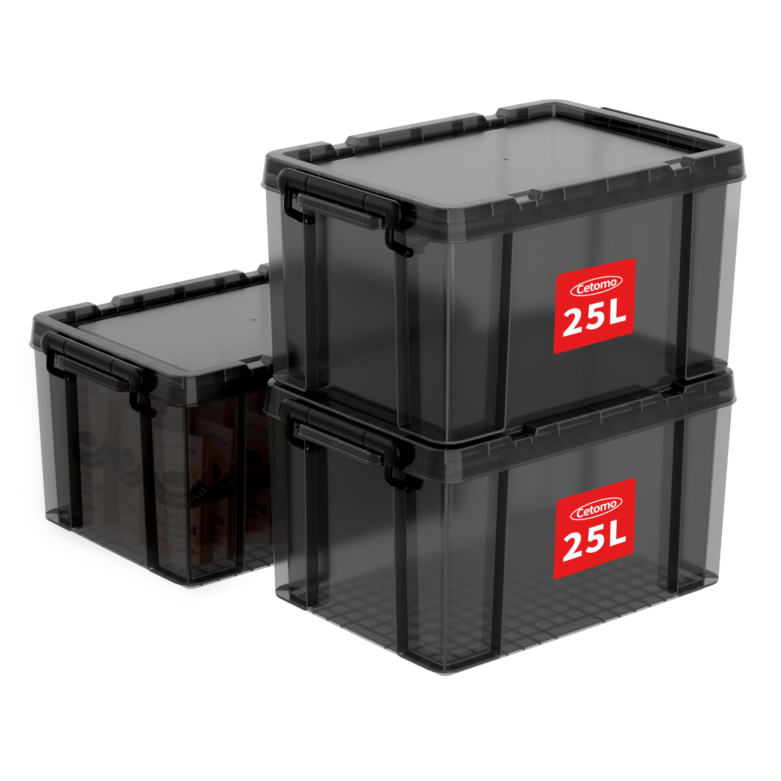 Cetomo 25L*3 Boîtes de rangement, boîte empilable avec couvercles, contenant robuste avec coins renforcés, côtés verticaux et verrouillage à pression, durable, en plastique, Noir clair,25L - lot de 3