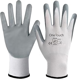 A406 12 Pairs White Work Gloves, Nitrile Coated Safety Work Gloves, Work Gloves Suitable for General Duty Builders Gloves, Nitrile Coated Gloves Gardening Gloves (Large)