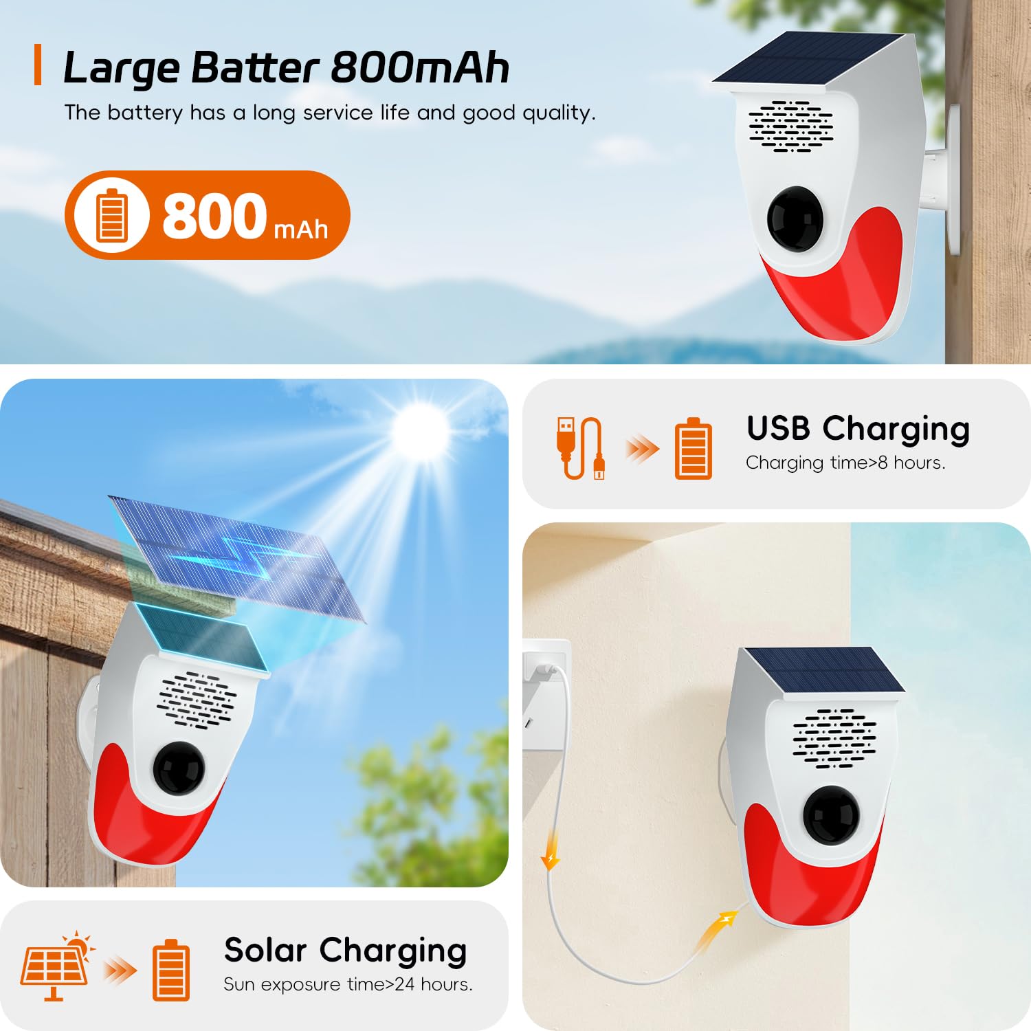 Sensor de movimiento para exteriores con 8 grabaciones reemplazables, alarma detector de movimiento de ladridos de perros, tres niveles de volumen ajustable, tres modos de funcionamiento, alarma