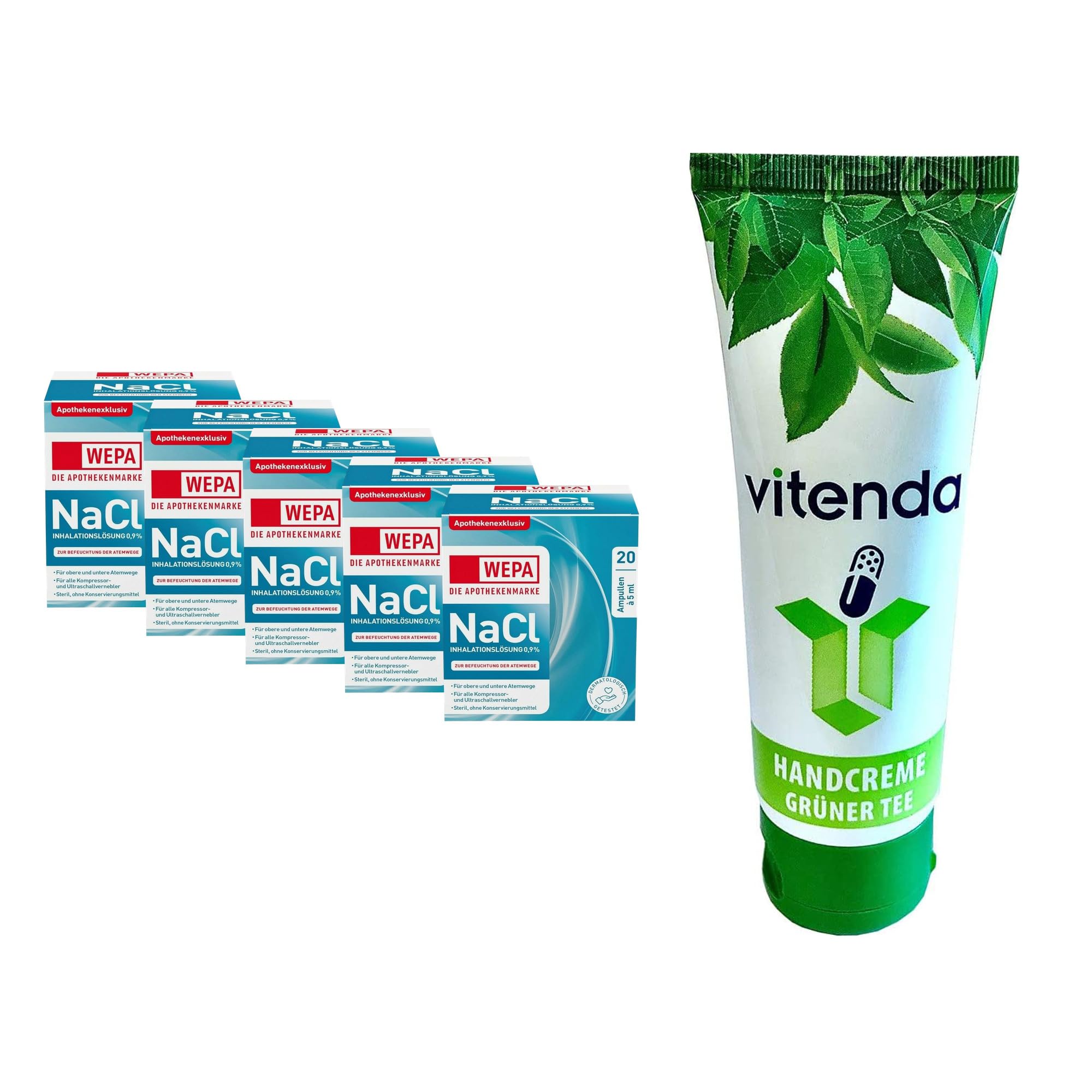 Set: Isotonische Kochsalzlösung 0,9% zur Inhalation & Verneblung mit WEPA, Einzeldosis-Ampullen, 5x100ml – inkl. vitenda Handcreme