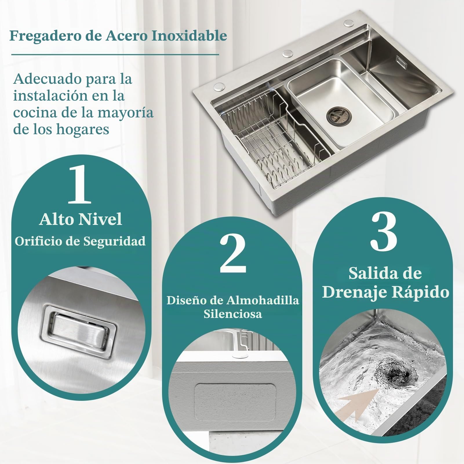 Fregadero Grande de Cocina 80x50cm, Acero Inoxidable 304 Cepillado, 1 Seno, con Tabla Cortar Inox, Escurridor, Rejilla y Kit Desagüe Completo, para Bajoencimera o Sobremesa