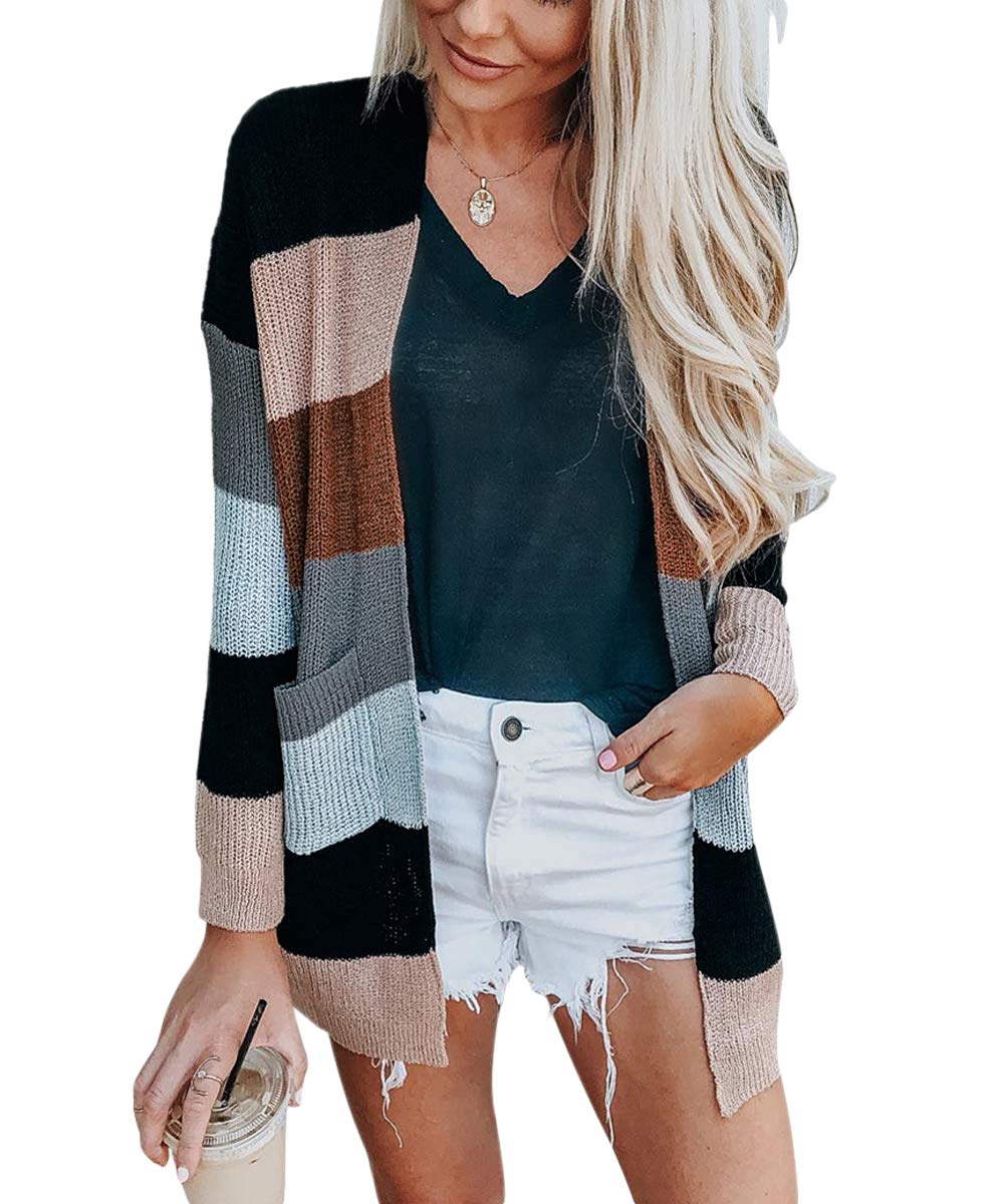JUNBOONWomen's Striped Long Sleeve Open Front Knit Cardigan Casual Pullover Sweater