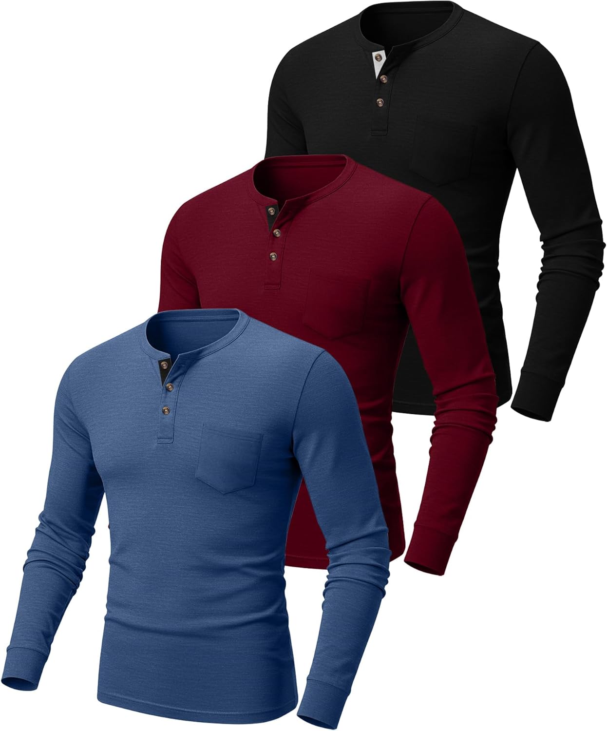 Riyiper 3 Pack Men's Henley Shirts Long Sleeve Slim Fit Fall Casual Fashion Tops with Pocket Round Neck Button Basic Tee - Image 3