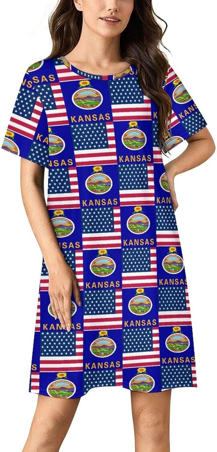 Flag of Usa And Kansas Nightgowns for Women Short Sleeve Sleep Dress Casual Sleepshirt Night Gowns Pajamas