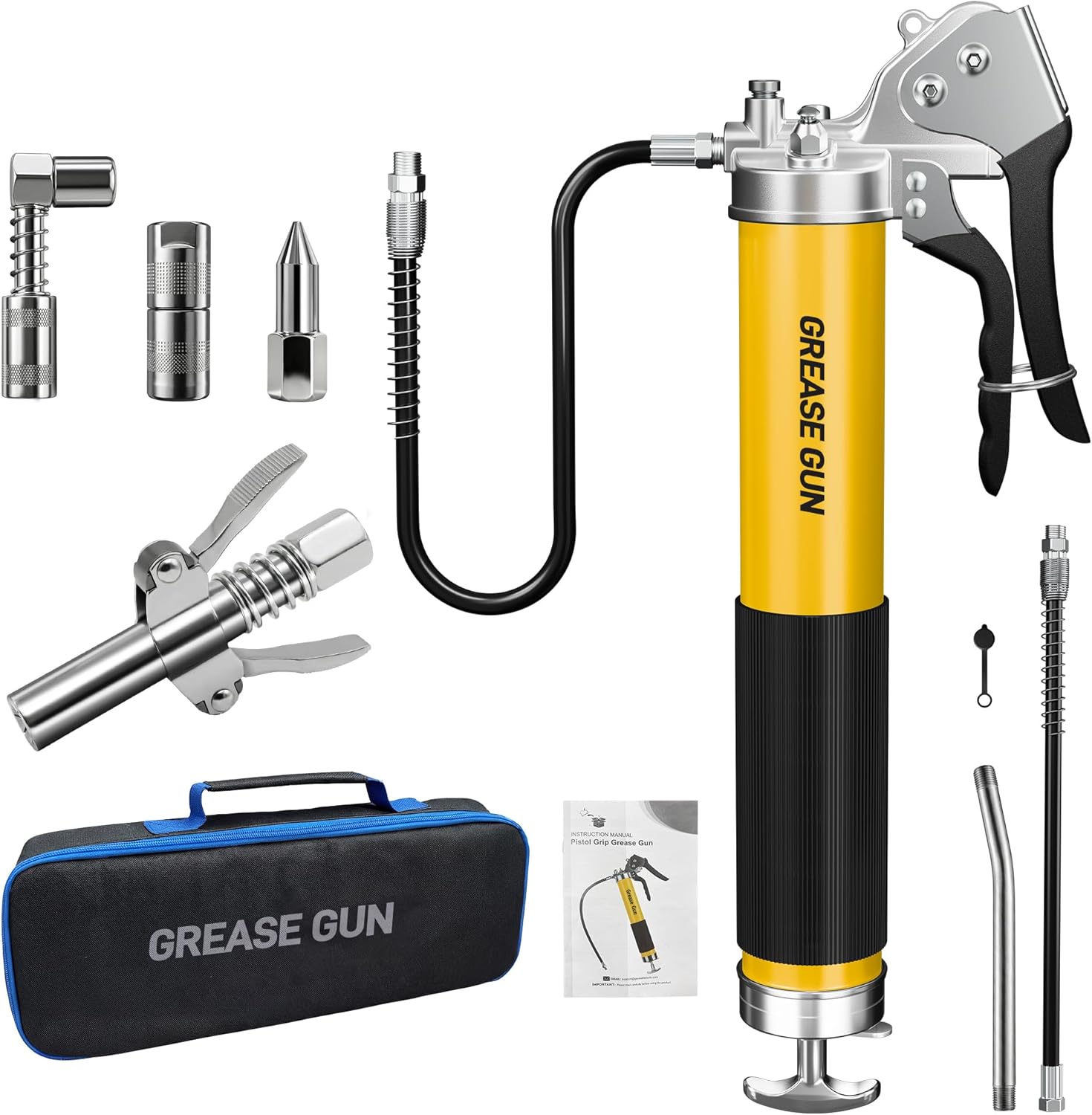 Pneumatic Grease Gun Kit,10000 PSI Heavy Duty Pistol Grip Grease Gun with 14 oz Capacity, 2×18 Inch Resin Flex Hoses, 4 Versatle Couplers & Extension Rigid Pipe, Ideal for Automotive, Marine