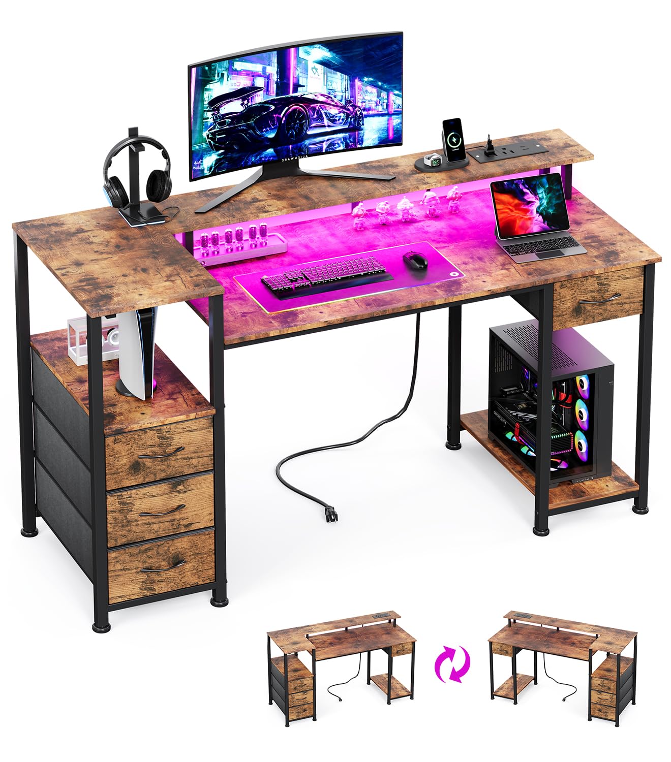 KitMent 120cm Desk with 4 Drawers, Power Outlets & USB Ports, Brown