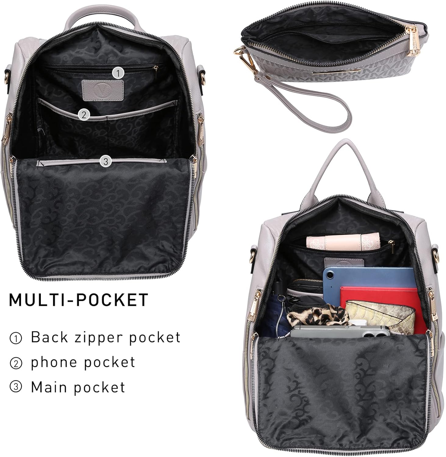 MKP COLLECTION Women Fashion Backpack Purse PU Leather Convertible Medium Ladies Rucksack Travel Shoulder Bags Handbag 2Pcs (Grey) - Image 4