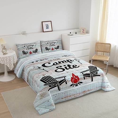 Miniatura 8 de Erosebridal Edredón de plumón para niños, juego de ropa de cama de campamento feliz, juego de edredón geométrico a cuadros de hoguera para niños,