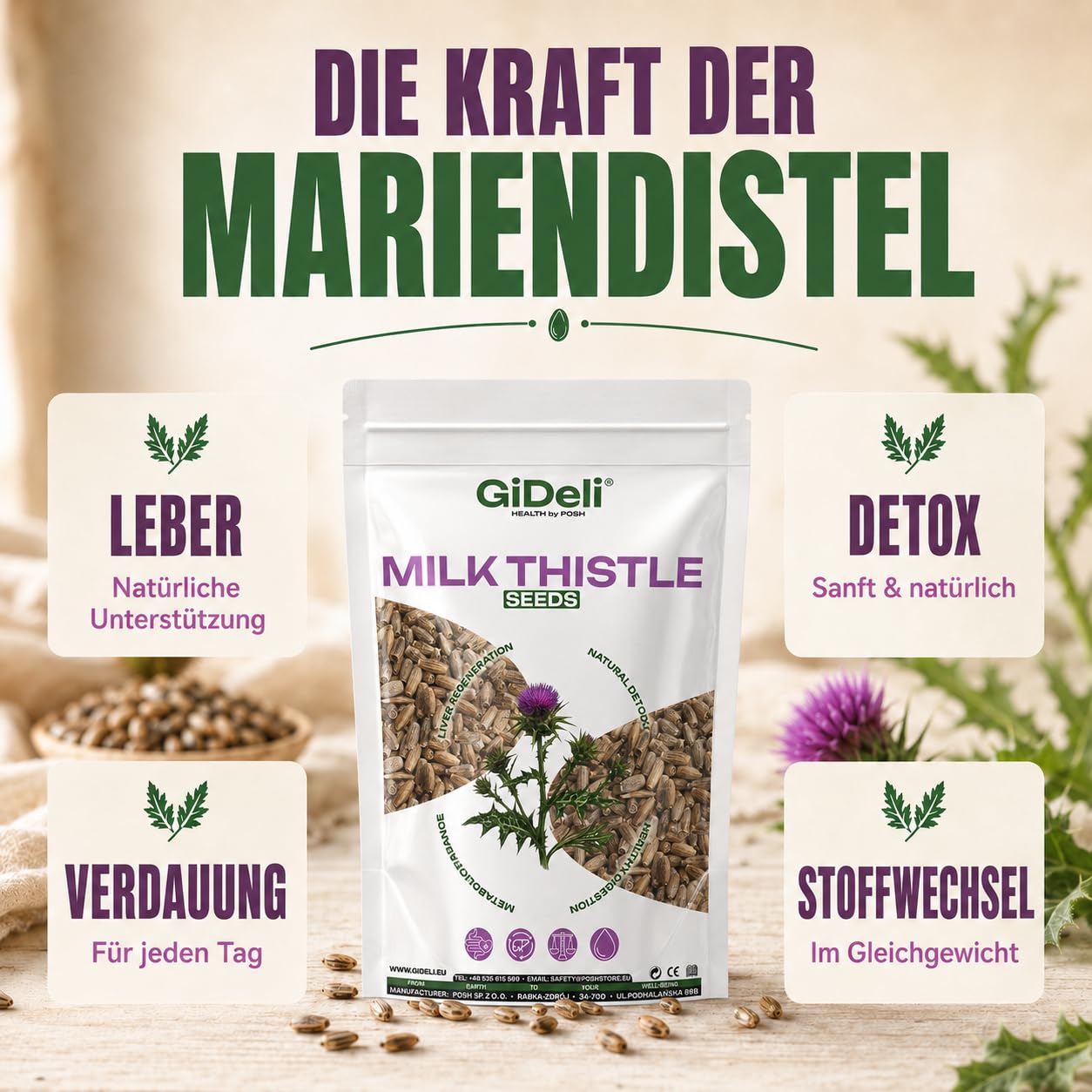 GiDeli Semillas de cardo mariano 3 x 5 kg – 100% semillas enteras sin aditivos para la dieta diaria – Contenido natural de silimarina – Ideal para yogur, cereales, batidos y ensaladas – Origen