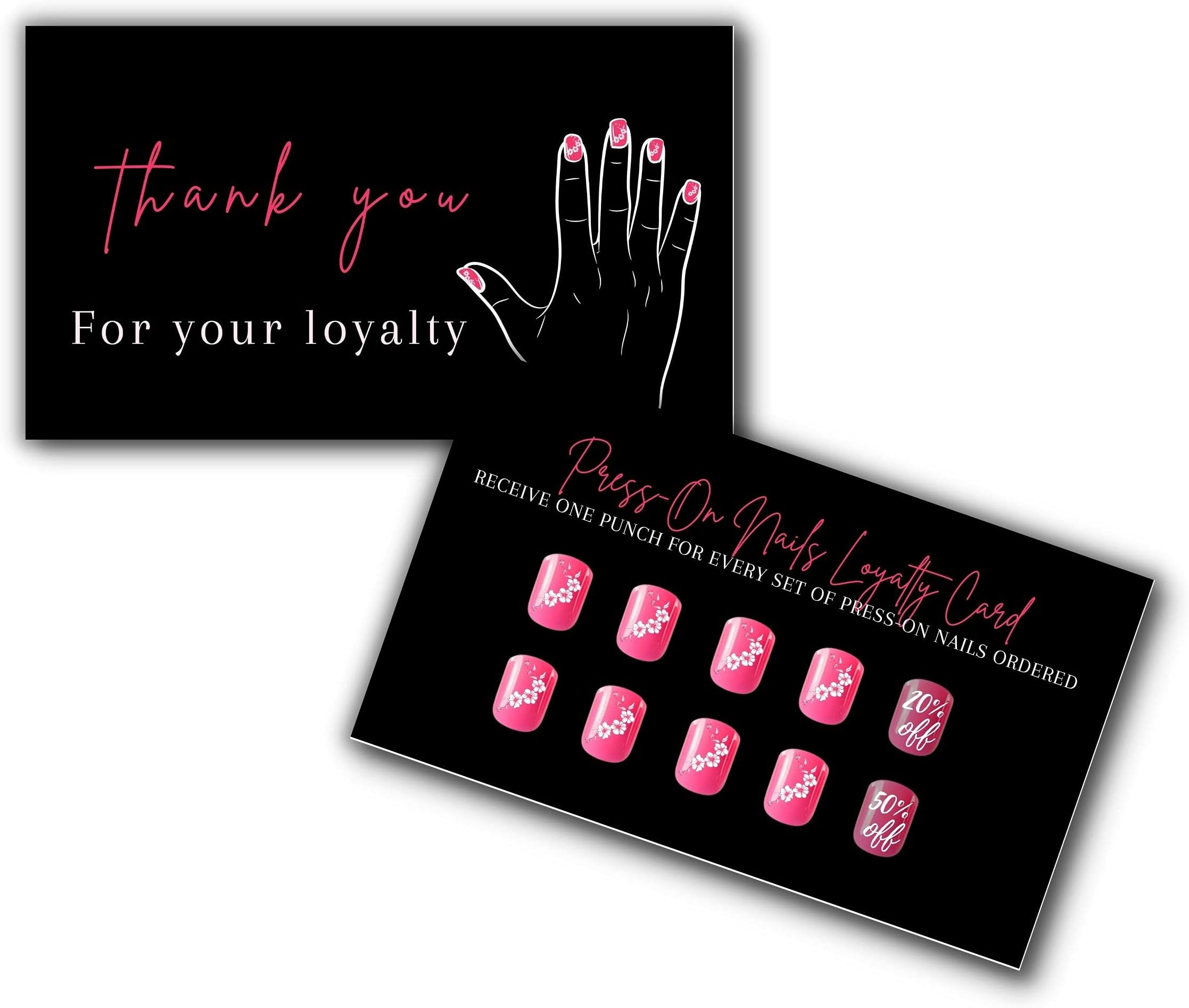 Press-On Nail Loyalty Discount Cards | 50 Pack | 2x3.5" inch Business Card Size | DIY Press-On Nail Kit | Black with Pink Nail Design