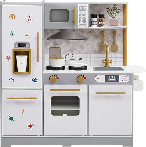 Teamson Kids Little Chef Springfield - Cocina de madera para niños con dispensador de hielo, luces de superficie magnética, sonidos, almacenamiento