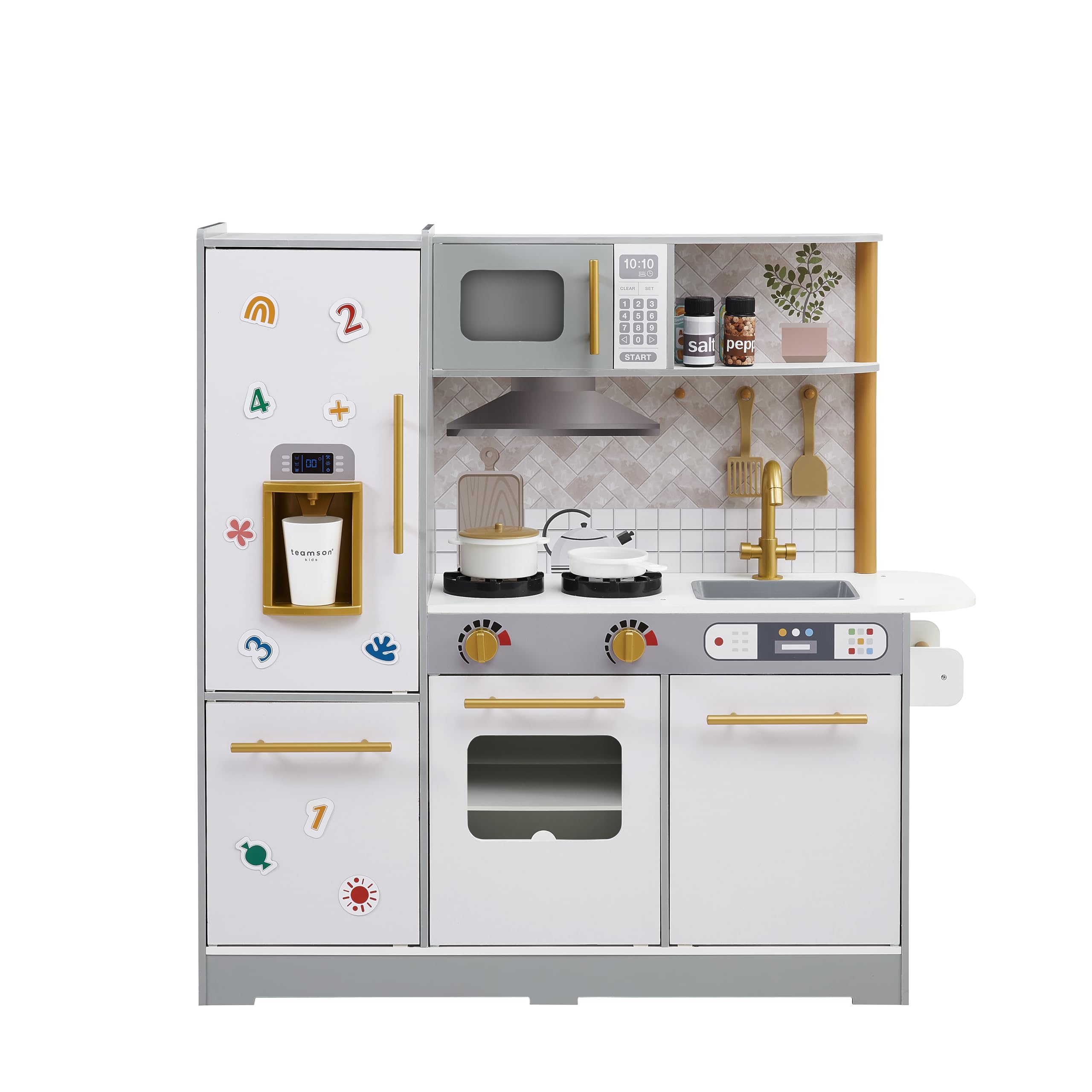 Teamson Kids Little Chef Springfield Wooden Play Kitchen for Kids with Ice Dispenser Magnetic Surface Lights Sounds Farmhouse Sink Storage 21 pc Accessories Pretend Play Set Age 3+ Gray White