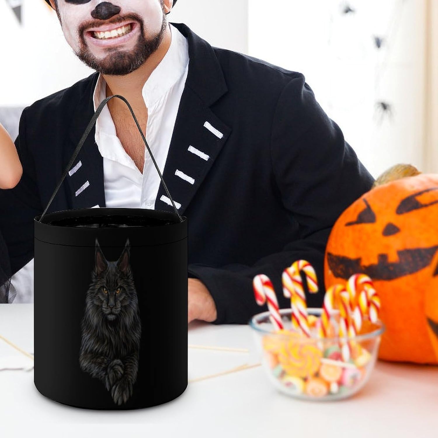 Maine Coon Cat Portrait on Black Halloween Treat Bag Reusable Candy Basket Tote Goody Bags Gift Party