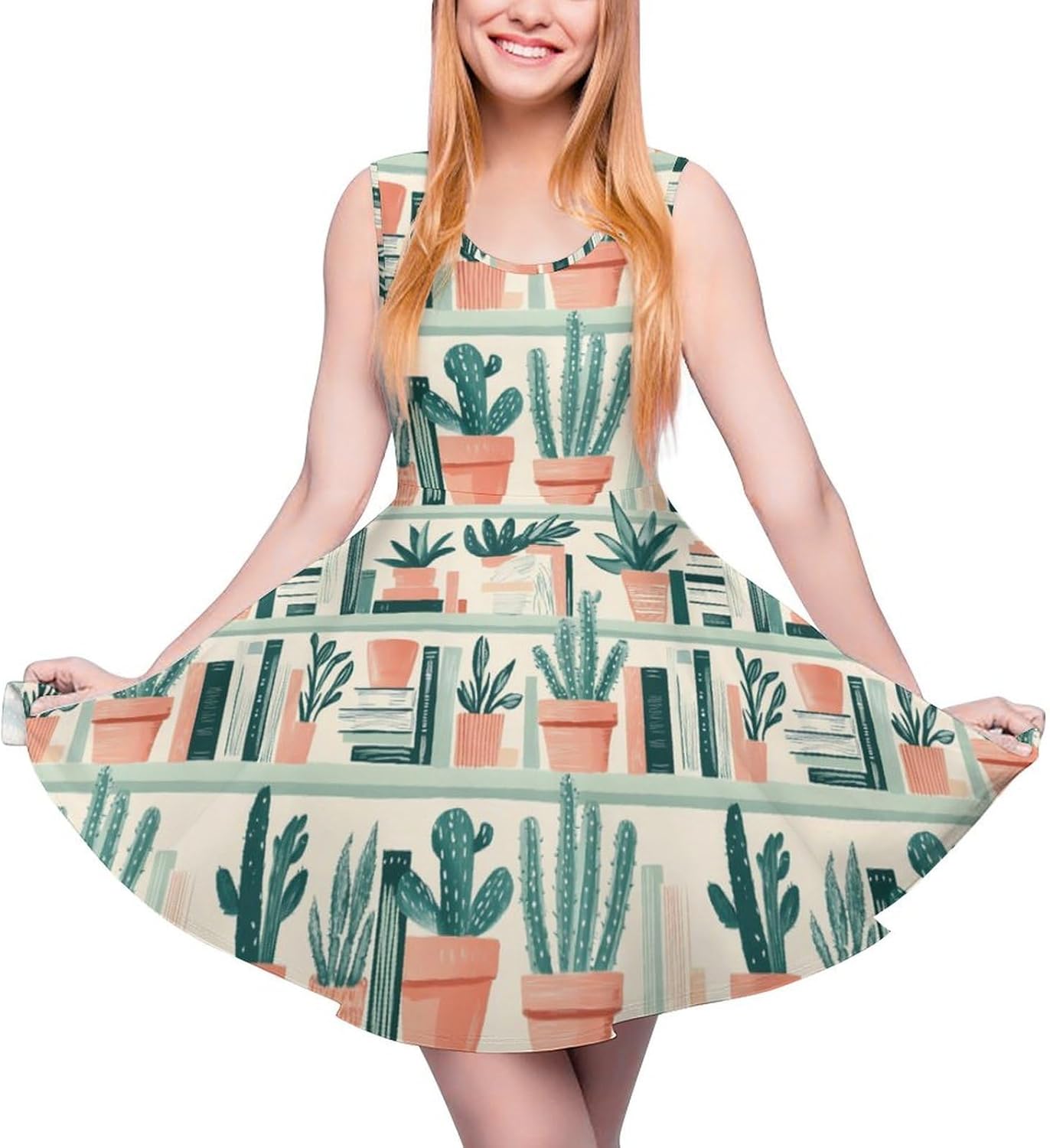 Succulents Potted Plants Books Women's Dresses Round Neck Dress Sleeveless Tank Dress Ruffle Hem Sundress