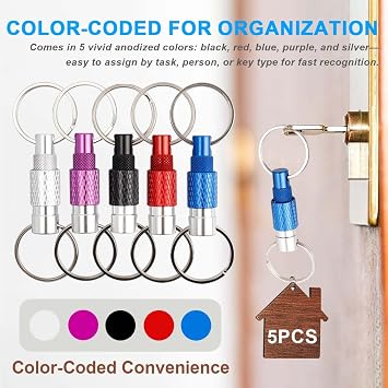 5Pack Quick Release Detachable Key Ring, Quick Disconnect Keychain with 2 Split Rings, Aluminum Alloy Pull Apart Key Chain, Multi-Function Keyring Set for Keys & Outdoor