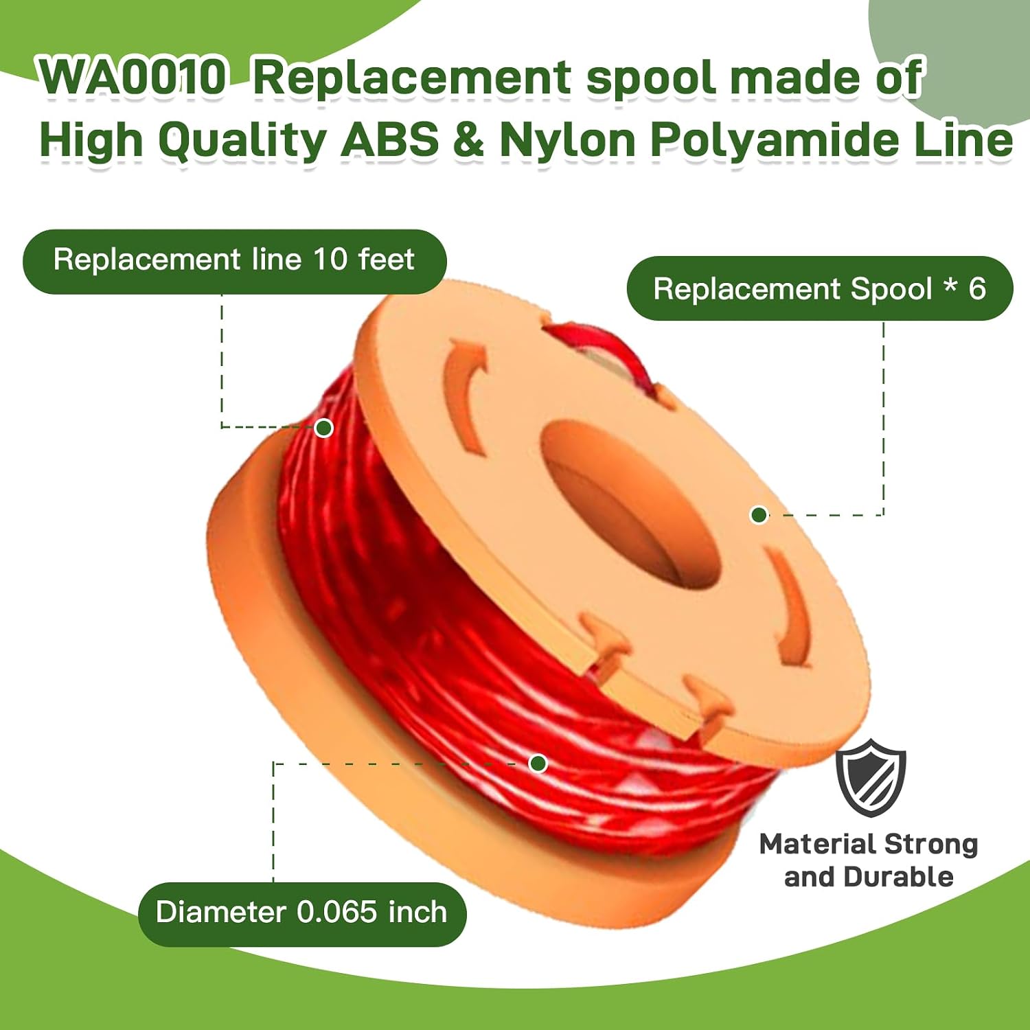 WA0010 WA0004 Spool Compatible with Worx WG154 WG162 WG163 WG170 WG180 Weed Eater String Trimmer and WA6531 Cover Cap, Replacement Spool Refills Line 10ft 0.065'' (6 Spools, 1 Cap)