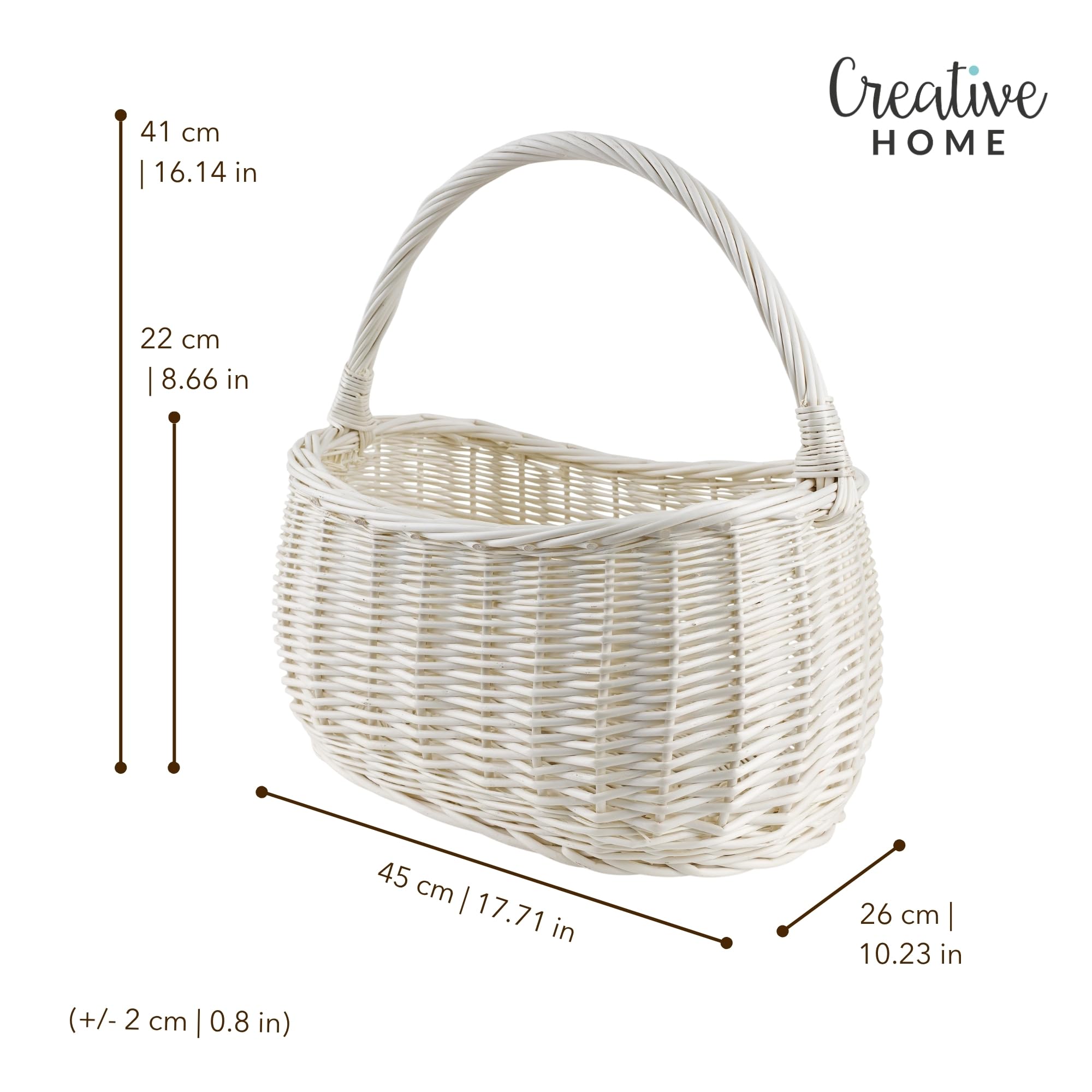 Creative Home Kosz Wiklinowy Piknikowy z Rączką na Zakupy Biały 42x32x40cm | (+/-1cm) | Duży i Lekki | Ręcznie Wyplatany | Naturalny Brąz | Uniwersalny i Wytrzymały