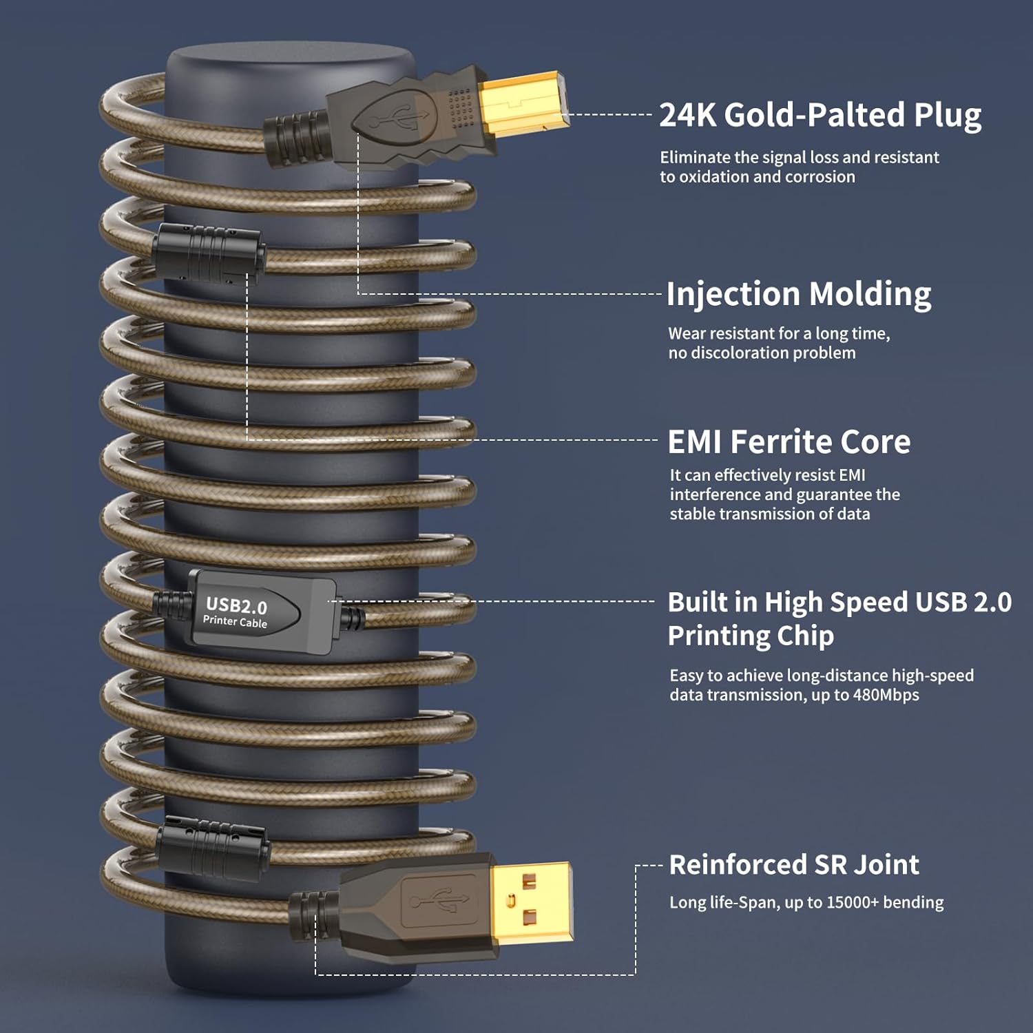 100ft USB 2.0 Printer Cord - High Speed Active USB Cable Compatible with Printer, Scanner, Fax Machine